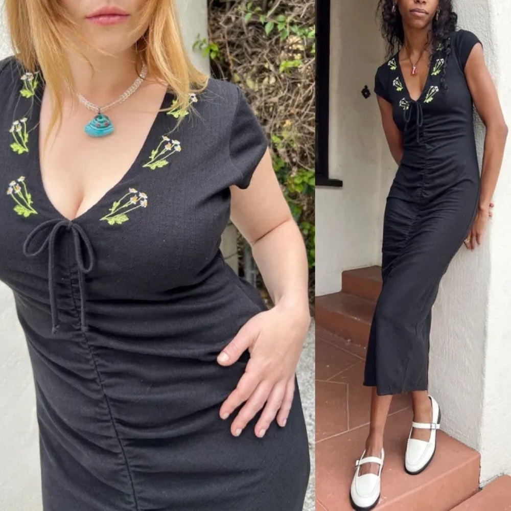 Lisa Says Gah Black Midi Dress with Green & White Floral Embroidery